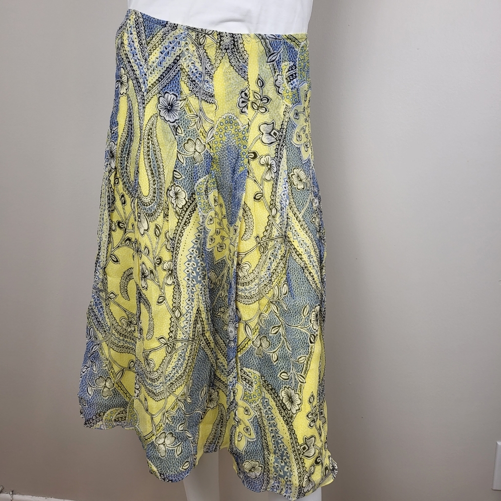 Anne Klein Sheer silk yellow+ blue below knee flowy lightweight skirt. Size 14